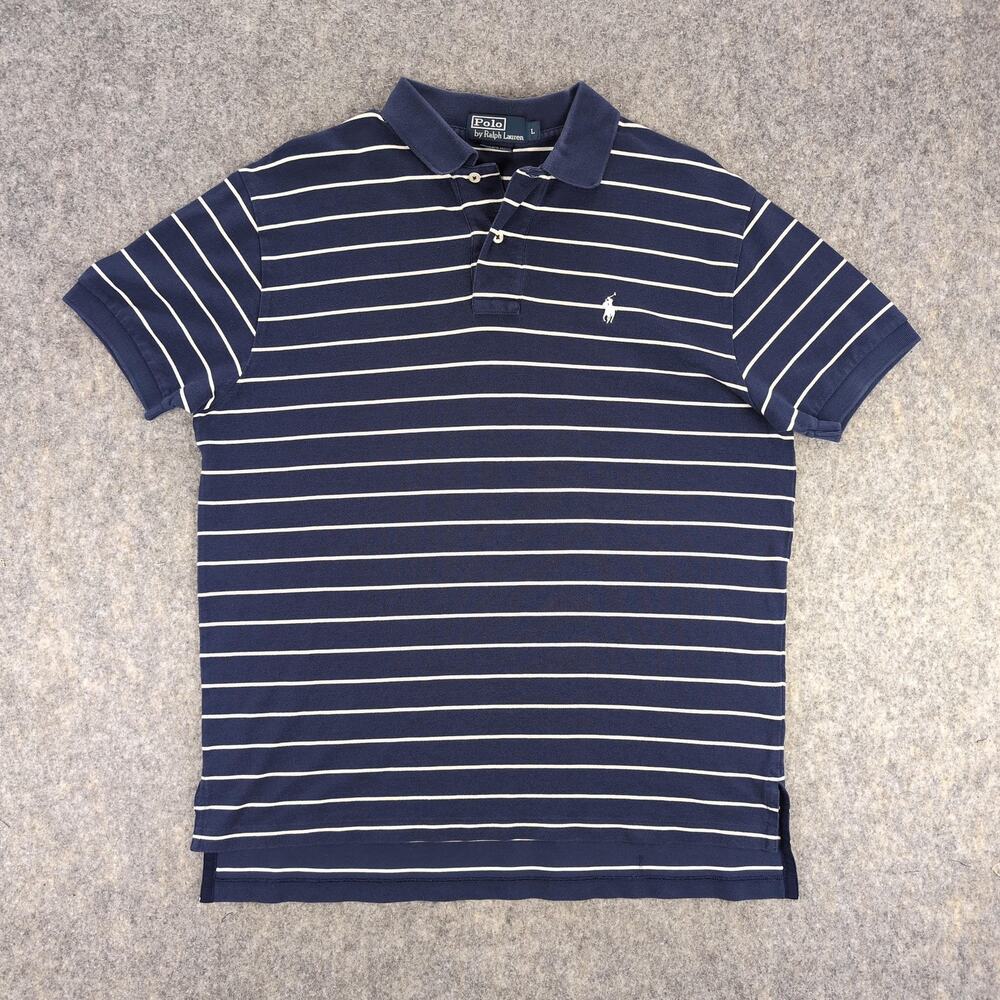 Polo Ralph Lauren Polo Shirt Mens Large Blue Striped Pima Cotton Casual Summer